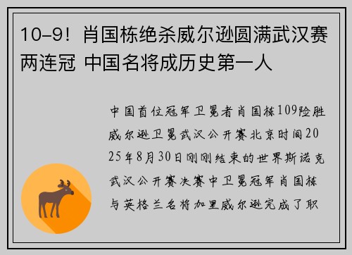 10-9！肖国栋绝杀威尔逊圆满武汉赛两连冠 中国名将成历史第一人